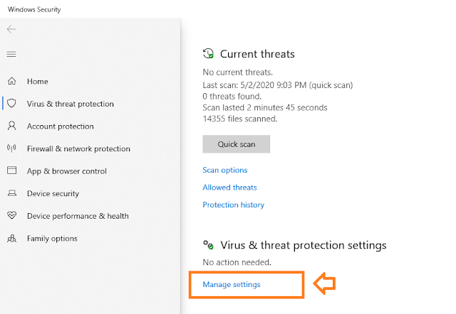 Scroll down to "Virus & threat protection settings" section. Click on the "Manage settings".