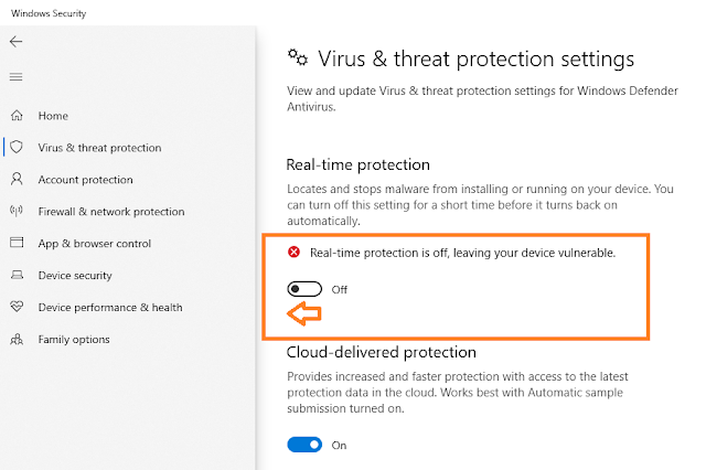 Under the "Real-time protection" turn on or turn off the real-time protection