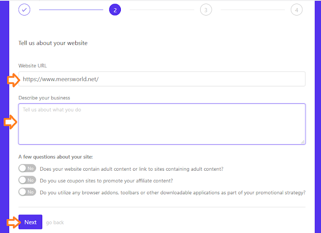 Enter your Website URL. Enter the Description about your website or business. Answer the Questions about your website by dragging Yes or No. Click on the Next button.