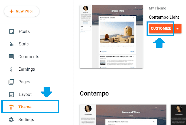 Go to Themes from the sidebar. Click the CUSTOMIZE button. Go to Themes from the sidebar. Click the CUSTOMIZE button.
