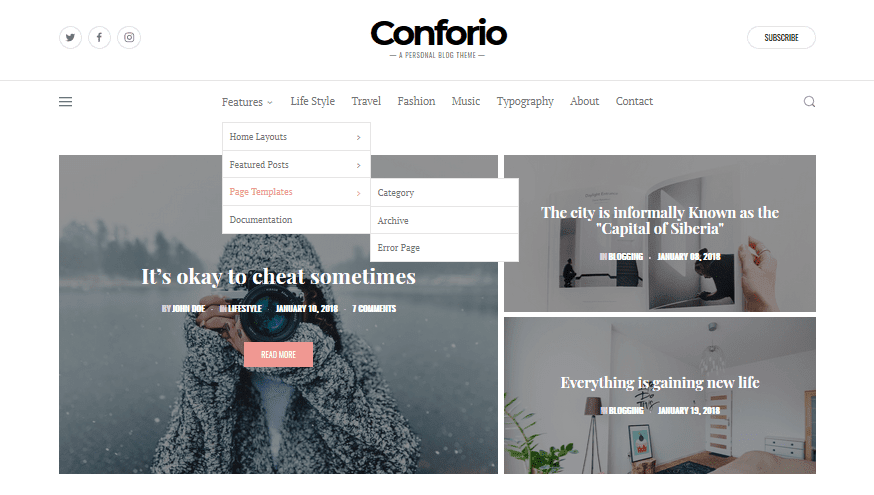 Conforio, a fully-customizable, & modern responsive Blogger template for personal blogs
