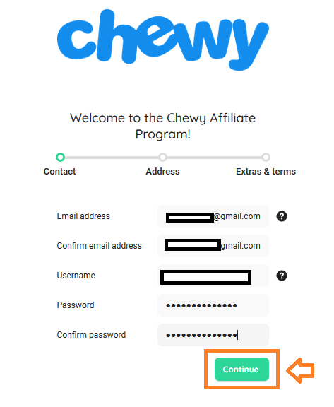 Go to Chewy Sign-up Page. Enter a Username, Email, & Password. Click on the Continue button.