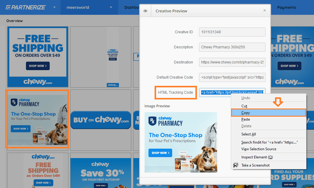 Click on the banner that you want to show on your website. Select the code in HTML Tracking Code textbox. Right-click on it and click on the Copy.