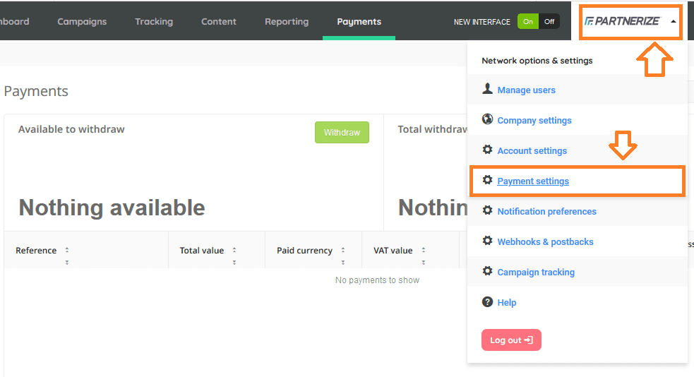 Click on the PARTNERIZE located at the top-right corner. Click on the Payment settings.