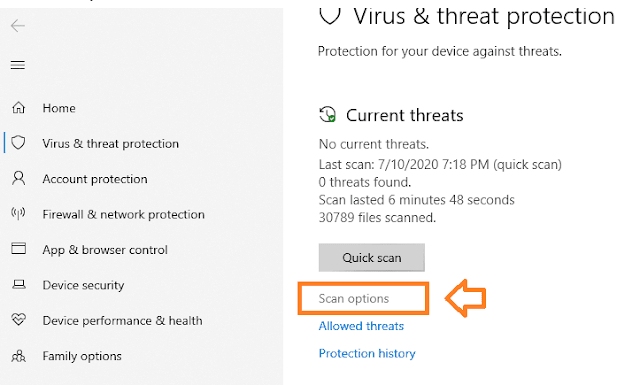 Click on the Virus & threat protection. Click on the Scan options.