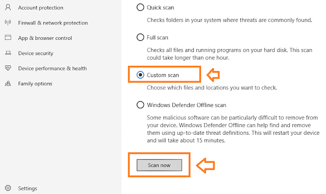Click on the Scan now button. Select the Custom scan option. Click on the Scan now button.
