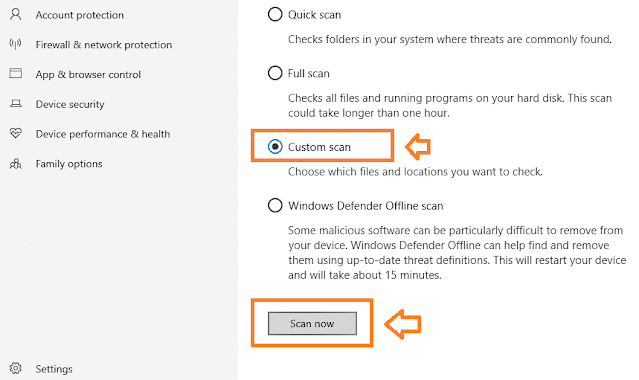 Select the Custom scan option. Click on the Scan now button.