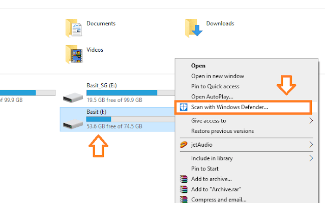 Right-click on any folder, Windows drive, sub-folder, or USB drive. Click on the Scan with Windows Defender....