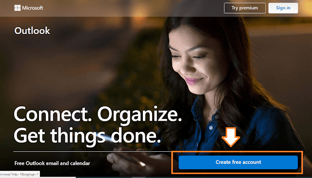 Click on the Create free account button. Go to https://outlook.live.com/. Click on the Create free account button.