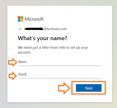 Enter your First Name. Enter your Last Name. Click on the Next button.