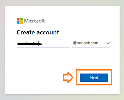 Enter a unique Email name. There are 2 options, @outlook.com and @hotmail.com. Choose @outlook.com.