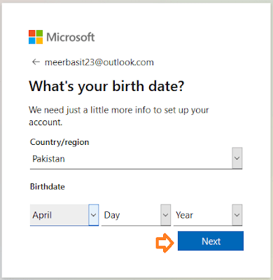 Choose your Country. Select your Birthday Month, Day, & Year. Click on the Next button.