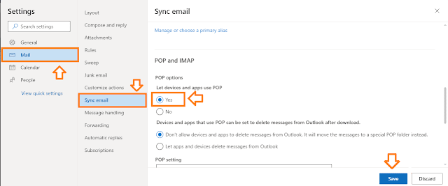 Click on the "Mail". Click on the "Sync email". Scroll-down to POP and IMAP section. Under the POP options choose Yes.