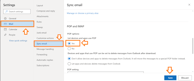 Scroll-down to POP and IMAP section. Under the POP options choose Yes. Click on the "Mail". Click on the "Sync email". Scroll-down to POP and IMAP section. Under the POP options choose Yes.