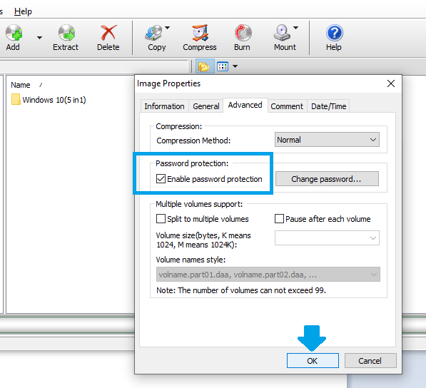 Your .ISO file is password protected now. Click on the OK button.