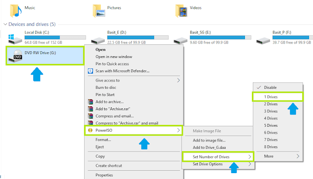 Right-click on any file or folder on your computer. Go to PowerISO. Go to Set Number of Drives. Click on the 1 Drives.