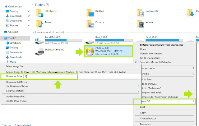 Right-click on your PowerISO drive and got to PowerISO. Click on the "Unmount Drive [:]".