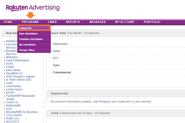 Go to PROGRAMS tab to open the list of advertisers.Go to PROGRAMS tab to open the list of advertisers.