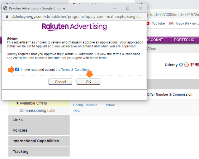 Tick the advertiser's Terms and Conditions and click on the OK button.