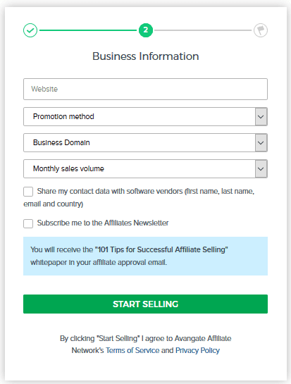 Enter your website URL. Choose "Promotion method", "Business Domain", "Monthly sales volume". Click on the "START SELLING" button.