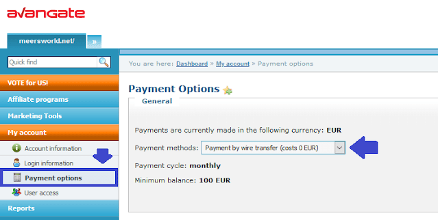 Click on the Payments located under My account section. On General section choose your payment method. There are 3 options i.e. PayPal, Check, & Wire Transfer.