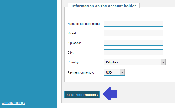 On "Information on the account holder" enter the information about the person to which bank account belongs to.