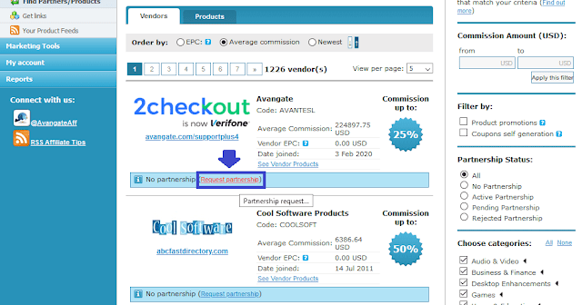 Click on the "Request partnership" link to join that affiliate program.