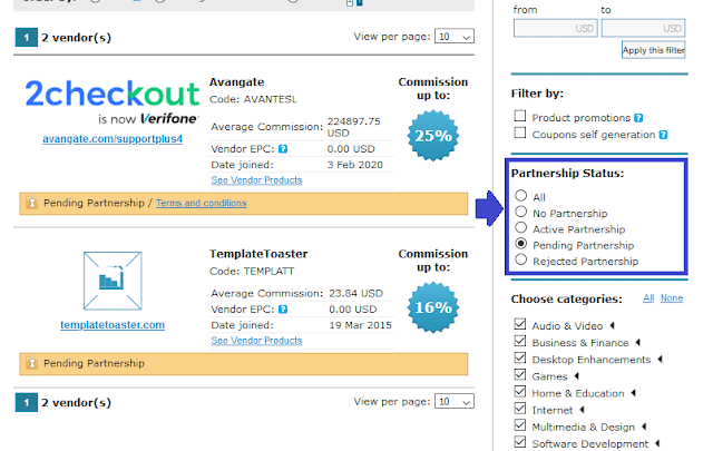 You can check the status of affiliate programs under the "Partnership Status:" section like which are approved.