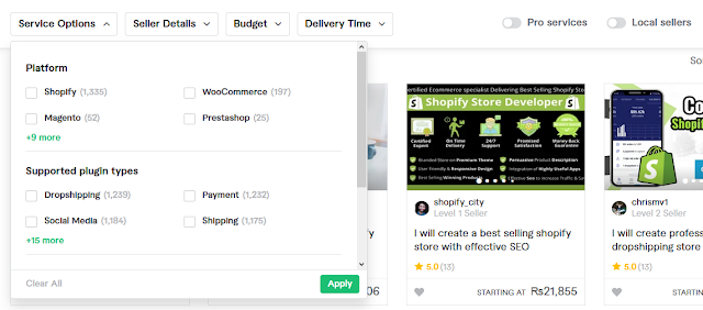 In order to get quick results and exact match Fiverr provides you with the useful filters like Service Options, Seller(Freelancer) Details, Budget, Delivery Time & Pro Services.