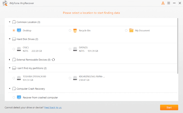 After downloading and installing AnyRecover software, open it. Choose a location from which you want to recover you data.