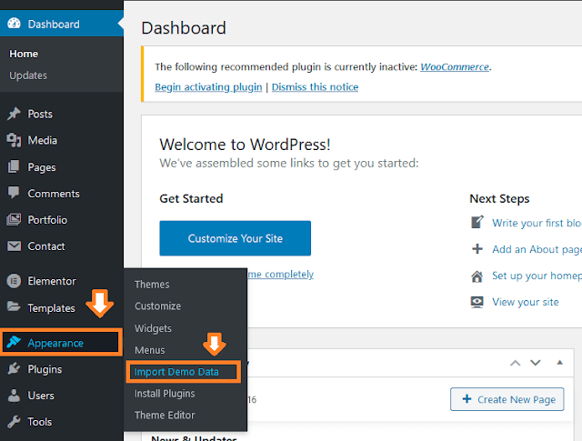 Click on the "Appearance". Click on the "Import Demo Data".