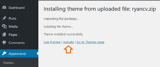 In order to activate the theme click on the "Activate" link. Once it installs your theme it will show you a message, "Theme installed successfully". Now in order to activate the theme click on the "Activate" link.