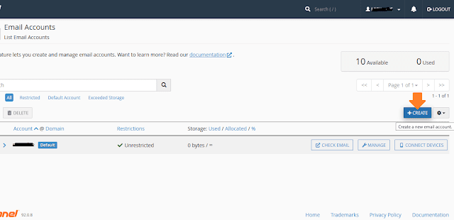 Click the on the +CREATE button to create an email account Click the on the +CREATE button to create an email account