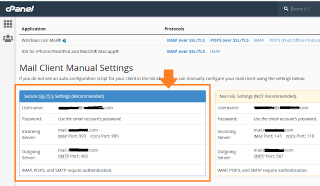 This page displays you the Mail Client Manual Settings. You get this information when you click on the CONNECT DEVICES