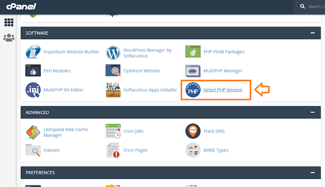 Click on the Select PHP Version located under the SOFTWARE section. In some web-hosting's it could be PHP Manager or MULTIPHP INI Editor.