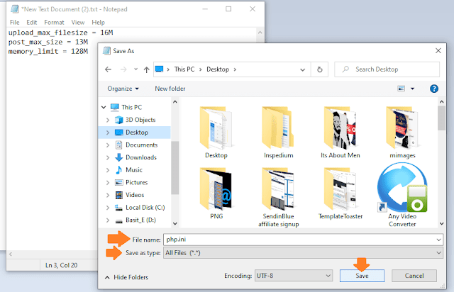 Now save this file as .ini". In the "File name:" type "php.ini". In the "Save as type" choose "All Files (".")". Now upload this file to your "Public_Html" directory via any FTP application such as FileZilla.