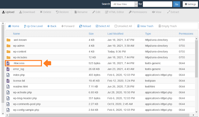 The .htaccess file is located in the "Public_Html" directory. It is a hidden file, so in order to edit make it visible by enabling "Show Hidden Files (dotfiles)" option in "Settings".