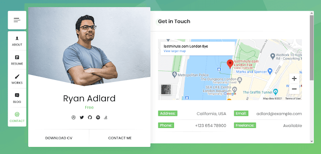 In the "Contact" section you can display your location on Google Map, your address, your email, your phone number, your availability status and contact form.