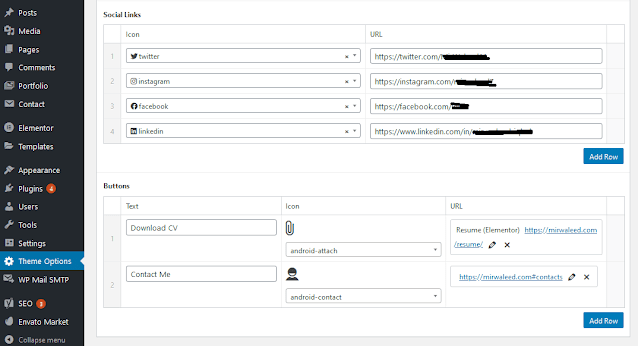 In the "Social Links" section choose the social media platforms and enter the URLs of respective profiles. In the "Buttons" section you can provide the download link of your Resume/CV. The Contact Me button is the link to your Contact section.