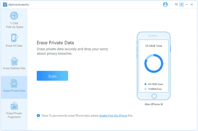 Choose an erasing mode. There are 5 data erasing modes i.e (1) 1-Click Free Up Space (2) Erase All Data (3) Erase Deleted Files (4) Erase Private Data (5) Erase Private Fragments.