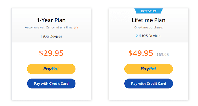 Lifetime plan is one-time purchase plan. This plan is for 2 to 5 iOS devices. It costs only $49.95.