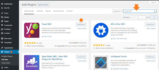 In the plugin search bar type "Yoast SEO". Click on the Install Now button.