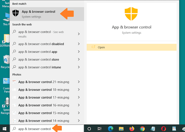 Type  app & browser control on Windows Search Bar. Click on the App & browser control.