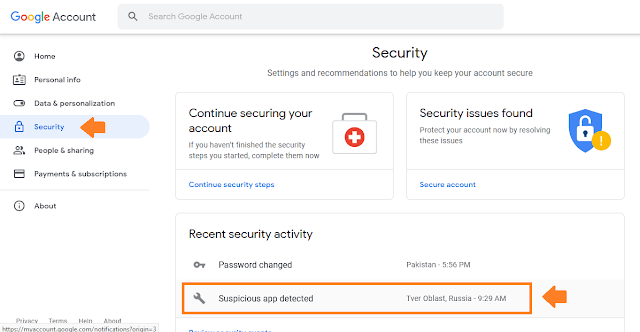 Recent Security activity You can see under the "Recent Security activity" section that the location of hacker is "Tver Oblast, Russia"