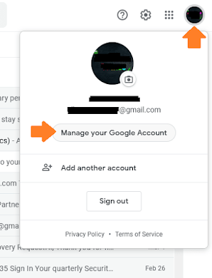 Click on your Gmail thumbnail located at top-right corner. Click on the "Manage your Google Account".