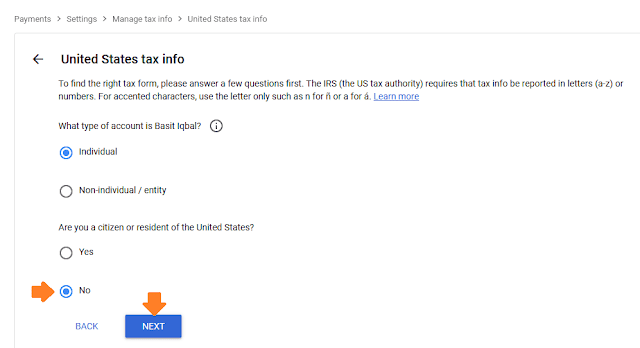 In "Are you a citizen or resident of the United States" choose "No". Click on the NEXT button.