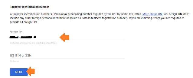 Enter Foreign TIN and click on the Next button.