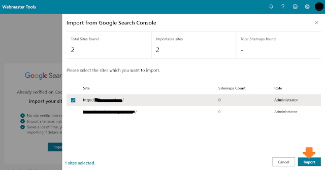 It will show you an overview of your Google Search Console data like "Total Sites found", "Importable sites", and "Total Sitemaps found". Click on the Import button.