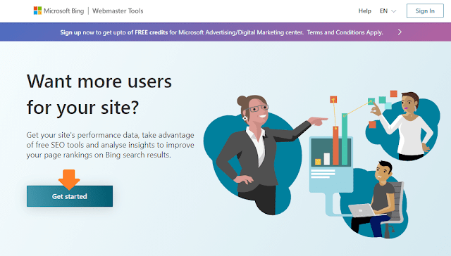Open the official website of Bing Webmaster Tools. Click on the Get Started button.