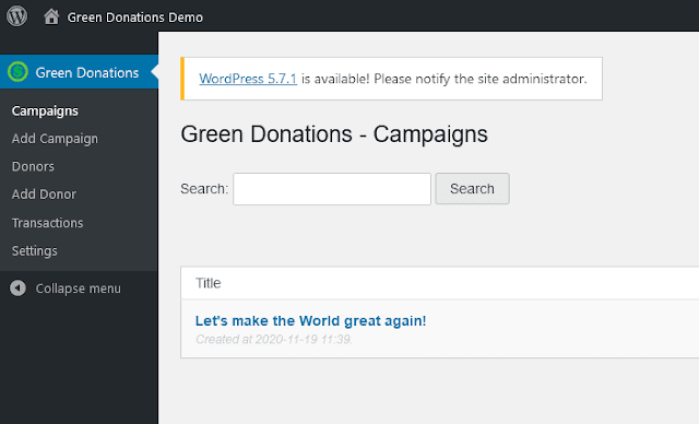 Backend of Green Donation plugin. You can create & manage all your campaigns here